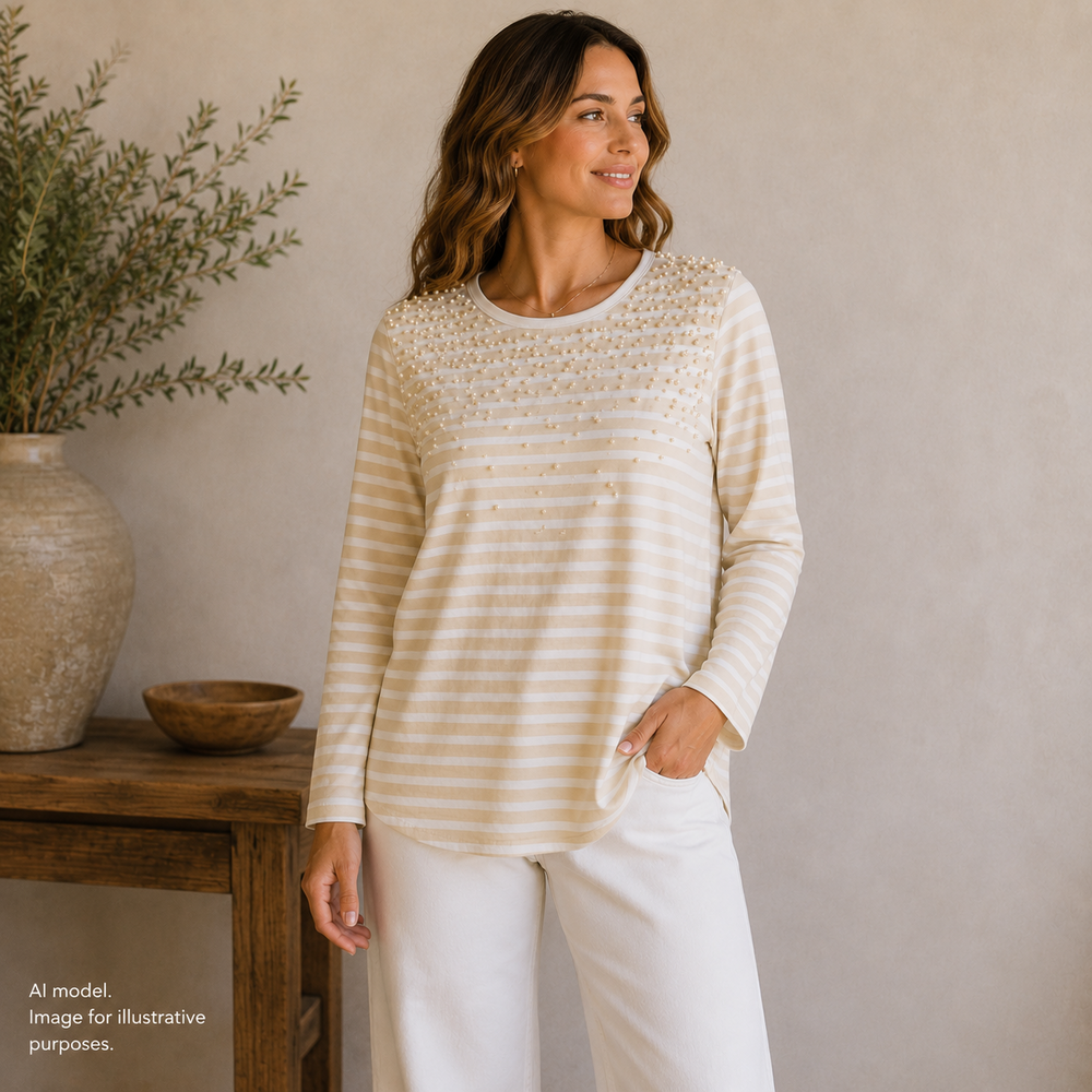 Tory Burch Shirt Women Large Tan White Stripe Soft Cotton Beaded Scattered Pearl